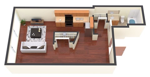 a 3d rendering of a living room with a kitchen and a bedroom